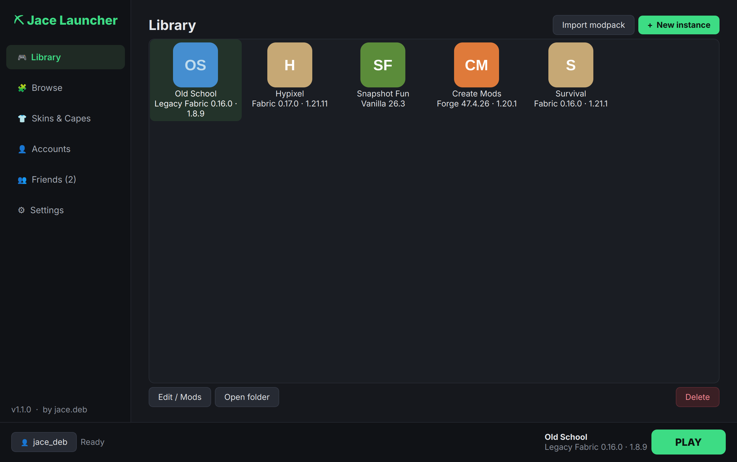 Jace Launcher's library with several Minecraft instances